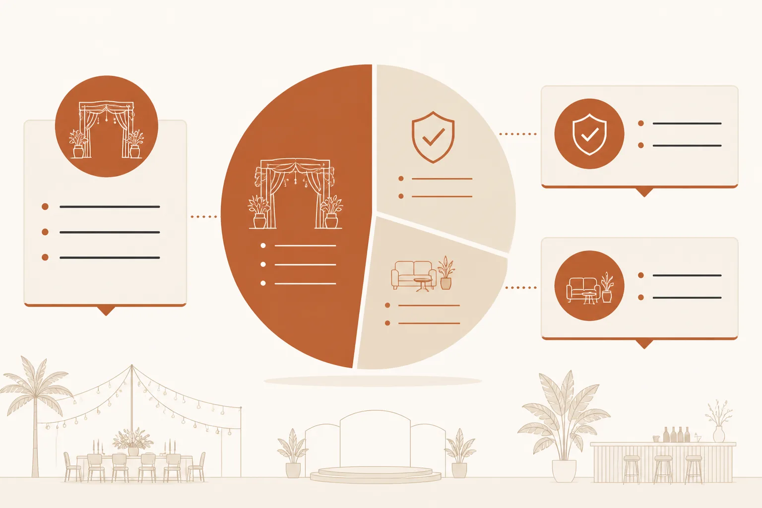 Infographic showing a luxury event budget split into committed costs, risk reserve, and scope changes to protect guest experience