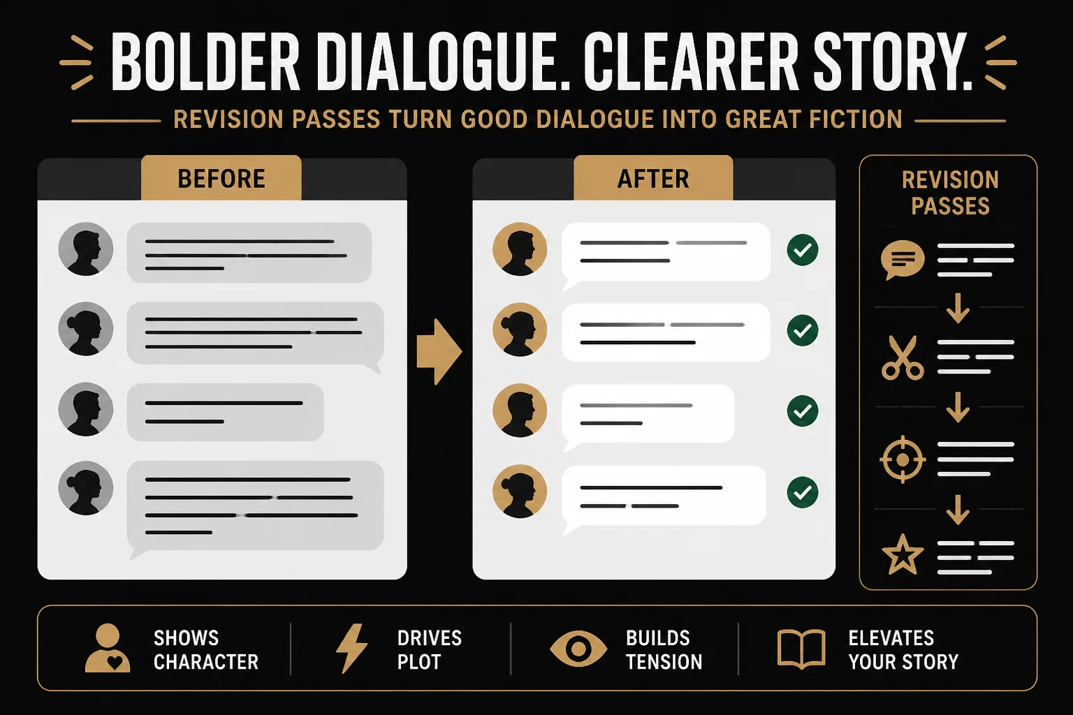A side-by-side comparison of a fiction dialogue scene before and after four revision passes to improve pressure and pacing
