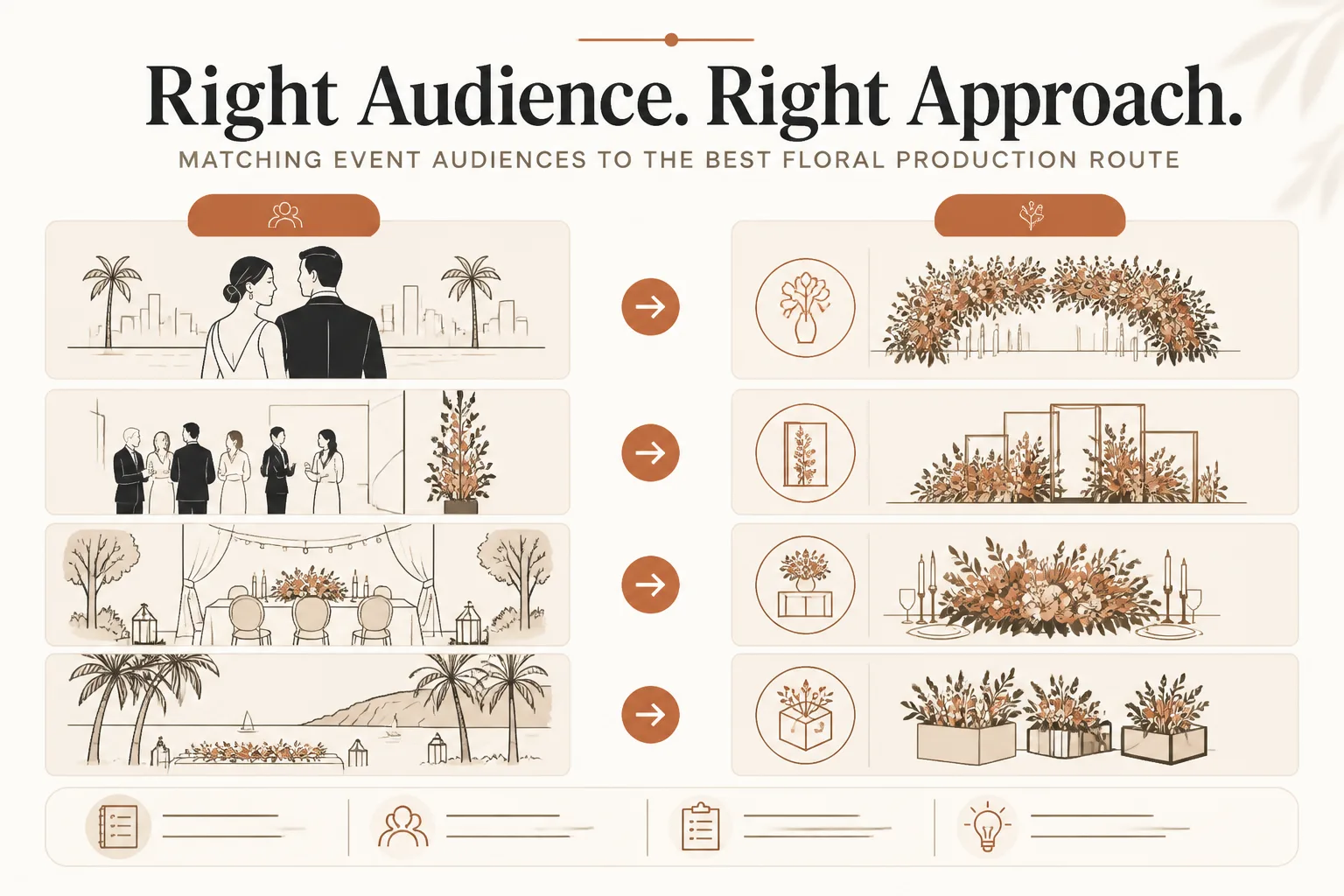 Infographic matching event audience types to appropriate floral production models based on event complexity