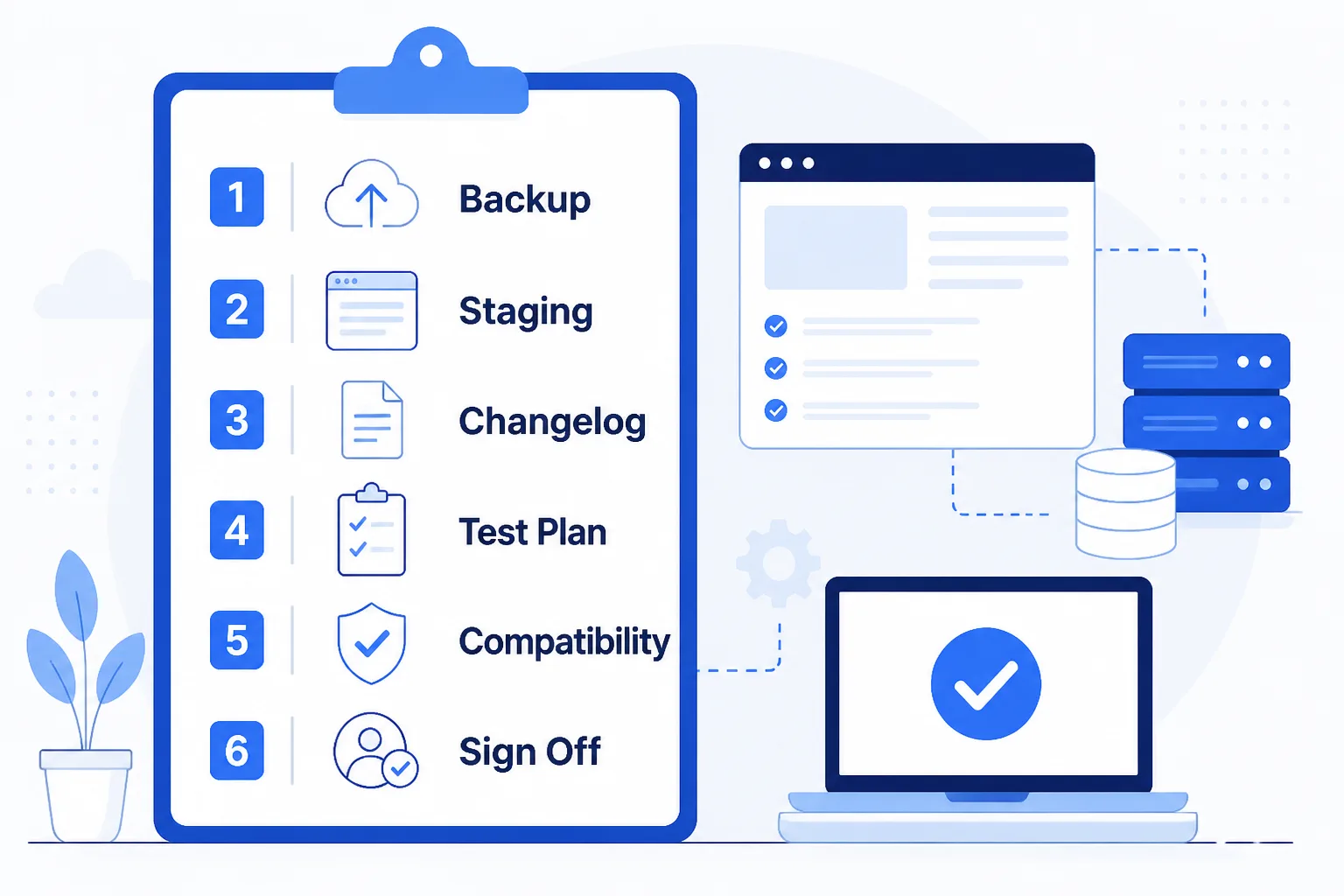 Checklist infographic showing backup, staging, changelog, and test steps before updating WordPress plugins