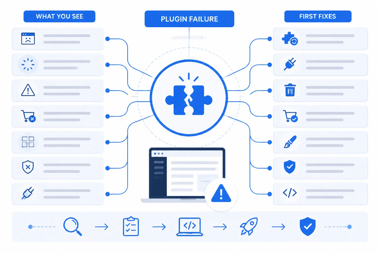 Infographic mapping WordPress plugin failure symptoms to likely causes and first fixes to protect visitors