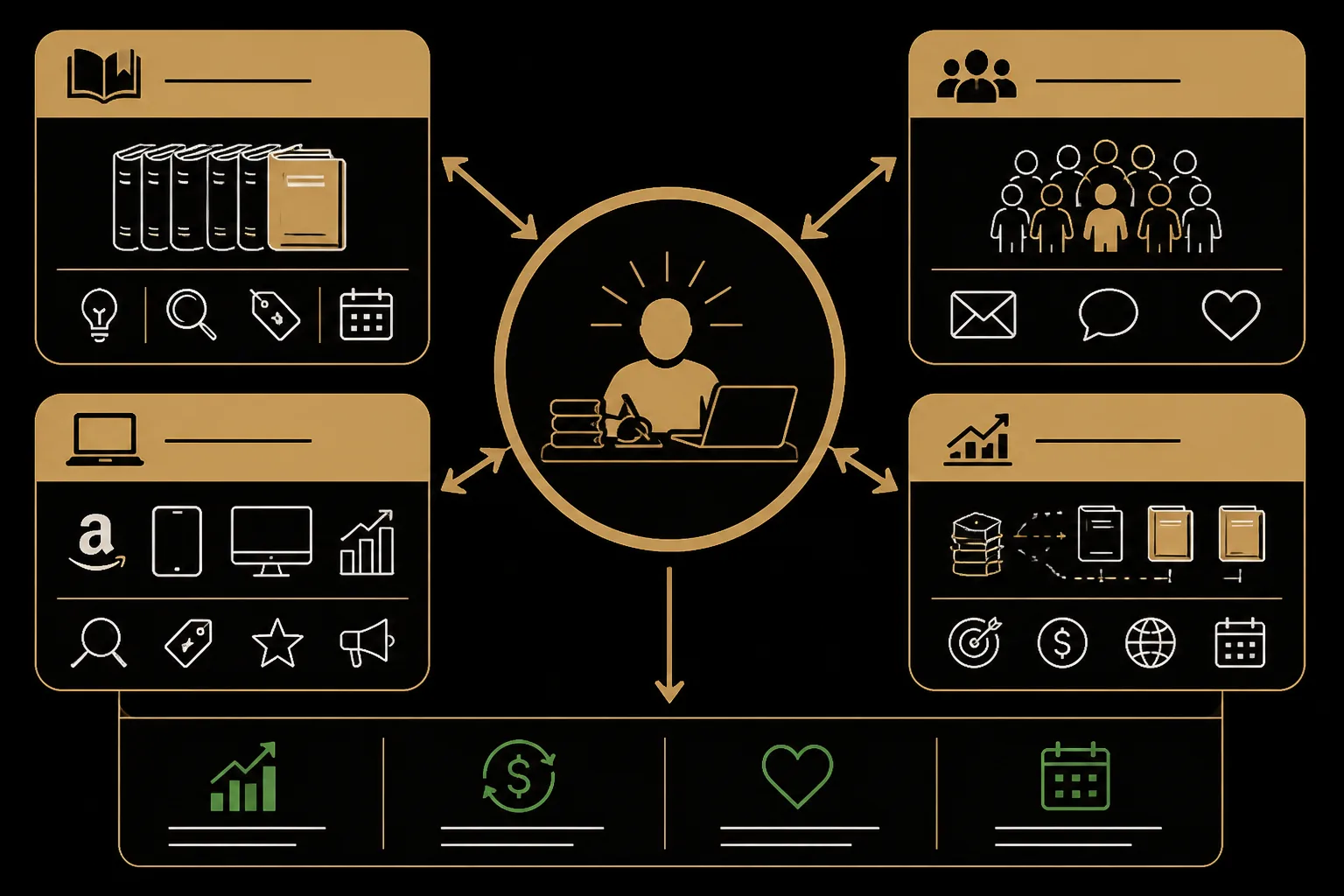 Diagram showing interconnected elements of an author ecosystem including books, readers, platforms, and future offers