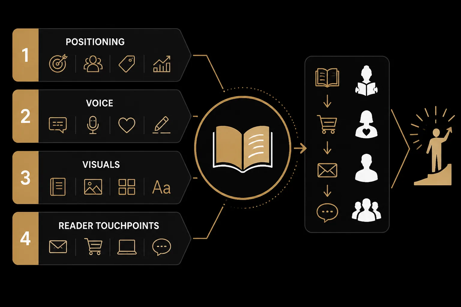 Four-layer model illustrating author branding components: positioning, voice, visuals, and reader touchpoints